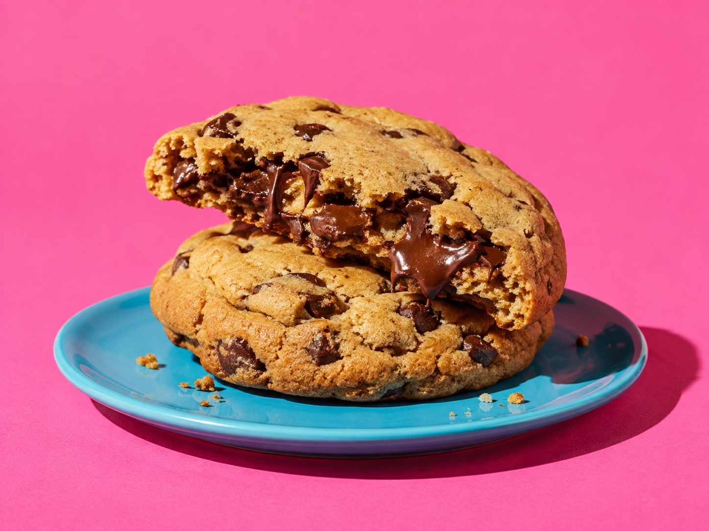 Illustrative chocolate chunk cookies on a bright cyan plate against a pink background.